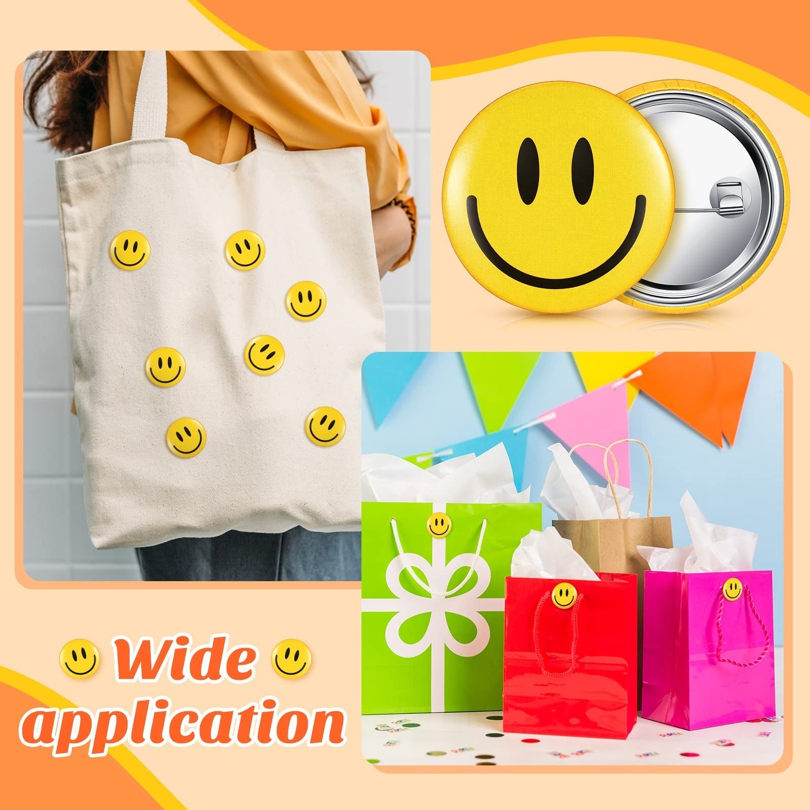 200 Pcs Happy Smile Face Button Pins Retro Pinback Badge