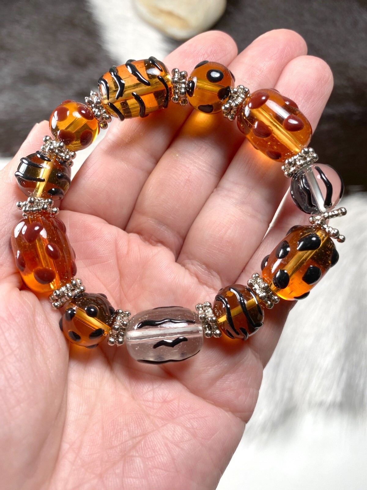 Animal Print Bracelet Leopard Brown Black Beaded Stretch Bracelet for Women