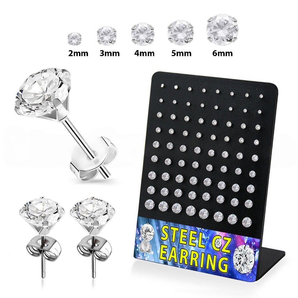 Wholesale 72Pk 20G Ear Ring Clear CZ Stud Display Surgical Steel 2mm to 6mm
