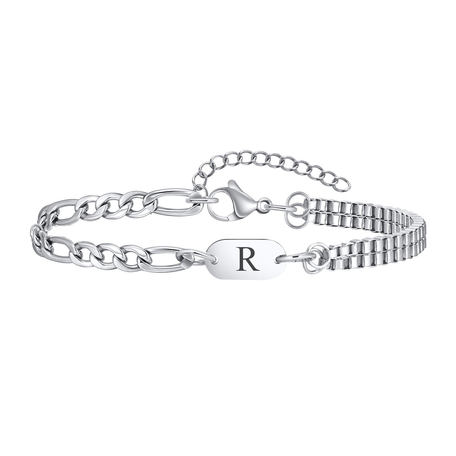 A-Z Initial Bracelets for Men Women Figaro Chain Box Link Bracelets Classic