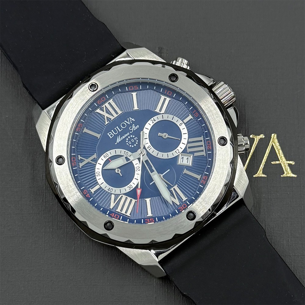 Bulova Men’s Marine Star Quartz Blue Dial Black Rubber Strap Watch 98B258