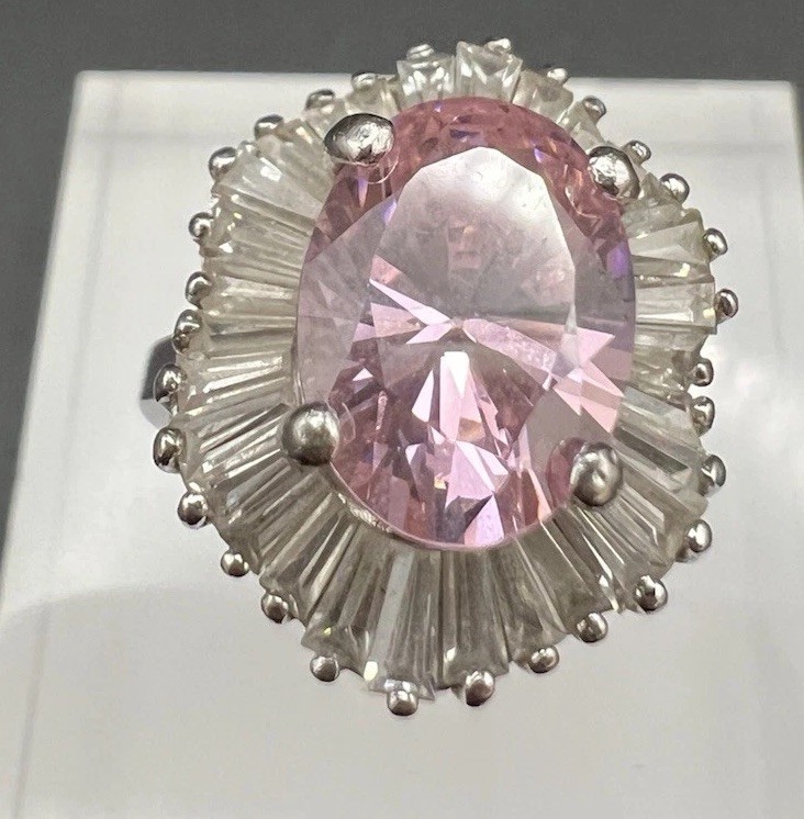 Pink & White/colorless CZ Sterling Silver 925 Ring, Size 4.75.