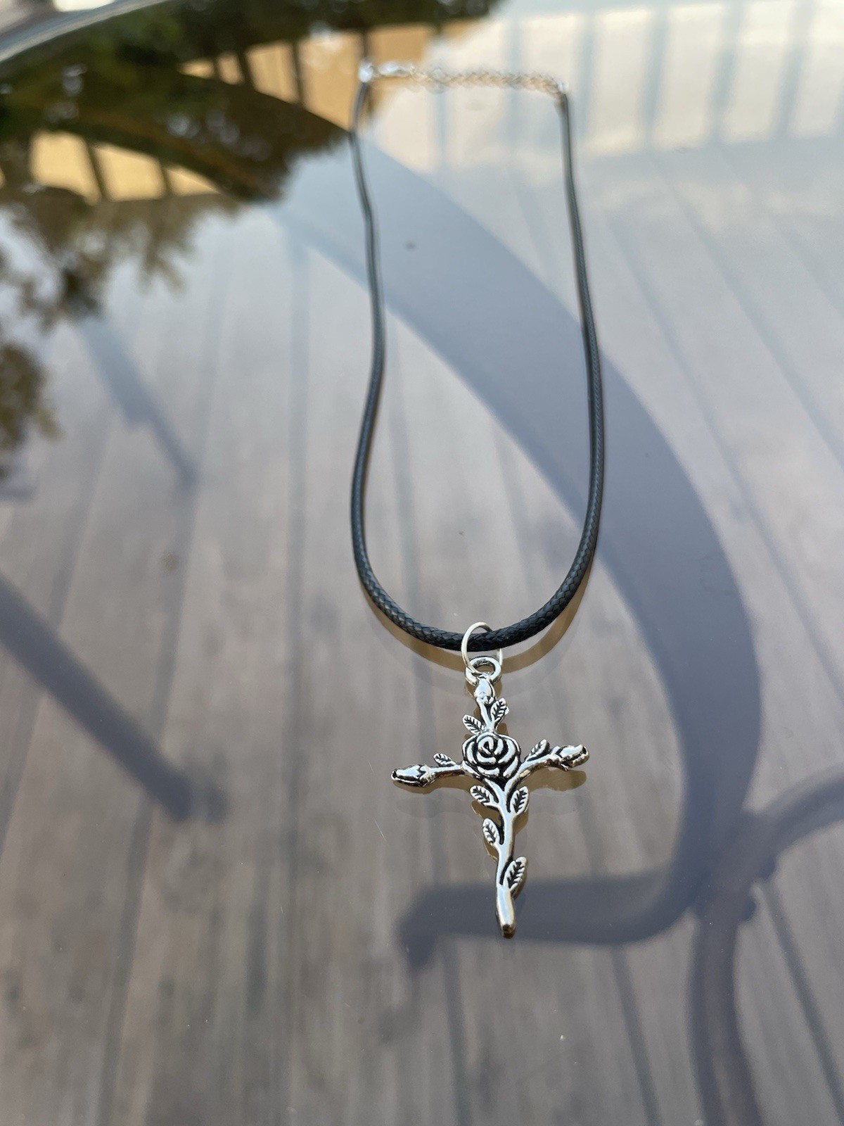 Handmade Y2K Punk Silver Black Cross Flower Rose pendant PU leather necklace