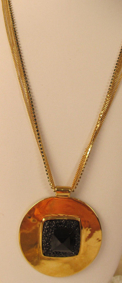 Kenneth Cole New York Faux Geode Long Necklace Gold-Tone/Black Urban Nero NWT