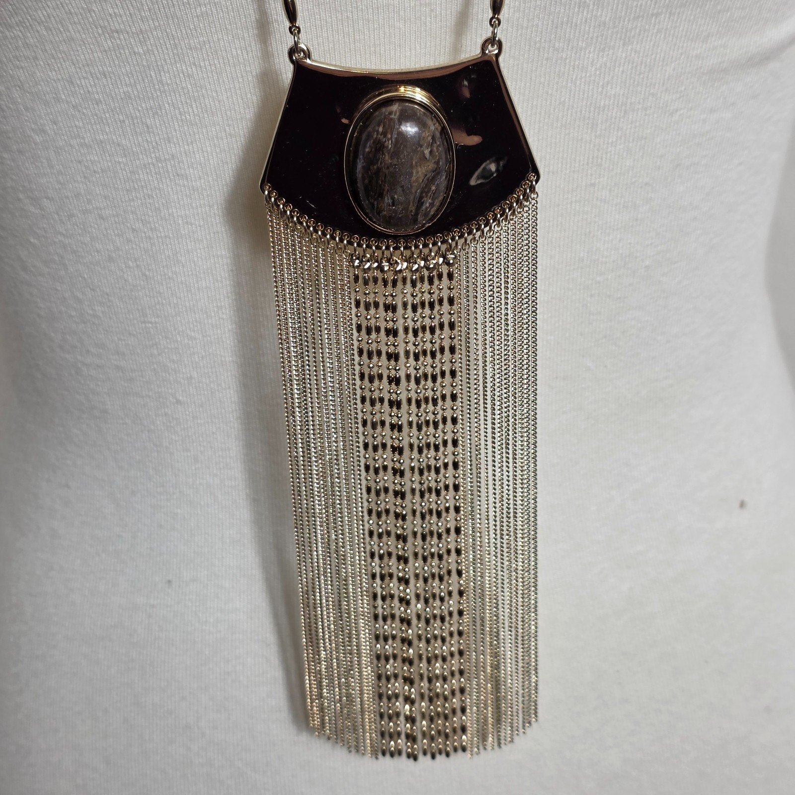 White House Black Market Necklace Shield Shaped Pendant Metal Fringe Tassel