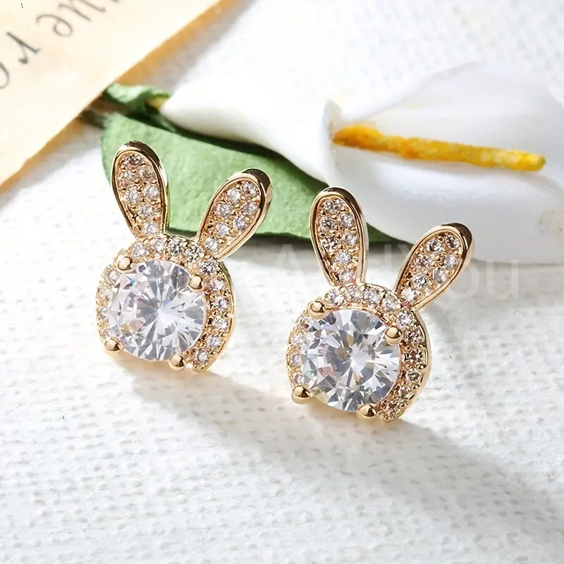 1ct Round Cut Moissanite Bunny Cat Halo Stud Earrings 14K Yellow Gold Plated