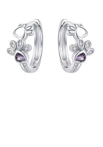 Paw print sterling silver purple crystal huggie hoops