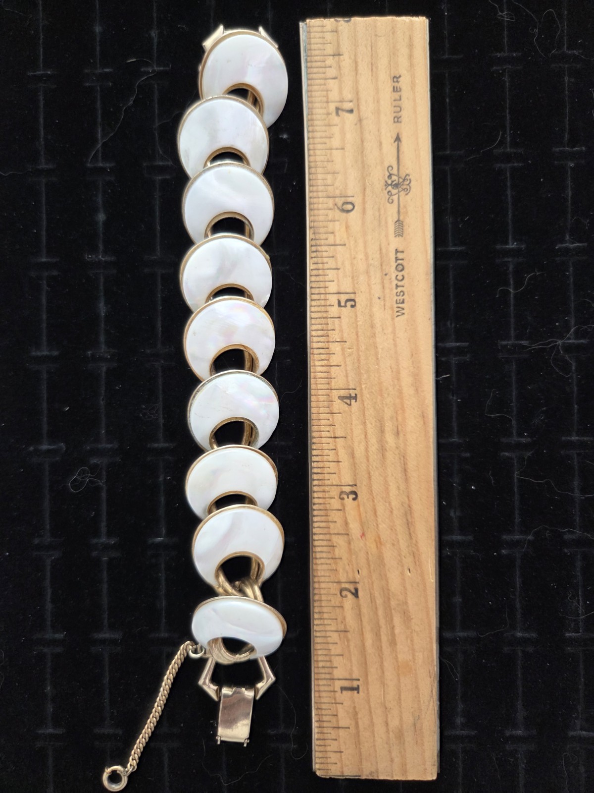 Vintage MCM Gold Tone MOP Bracelet Crescent Moon Panel Safety Chunky Chain 7.75″