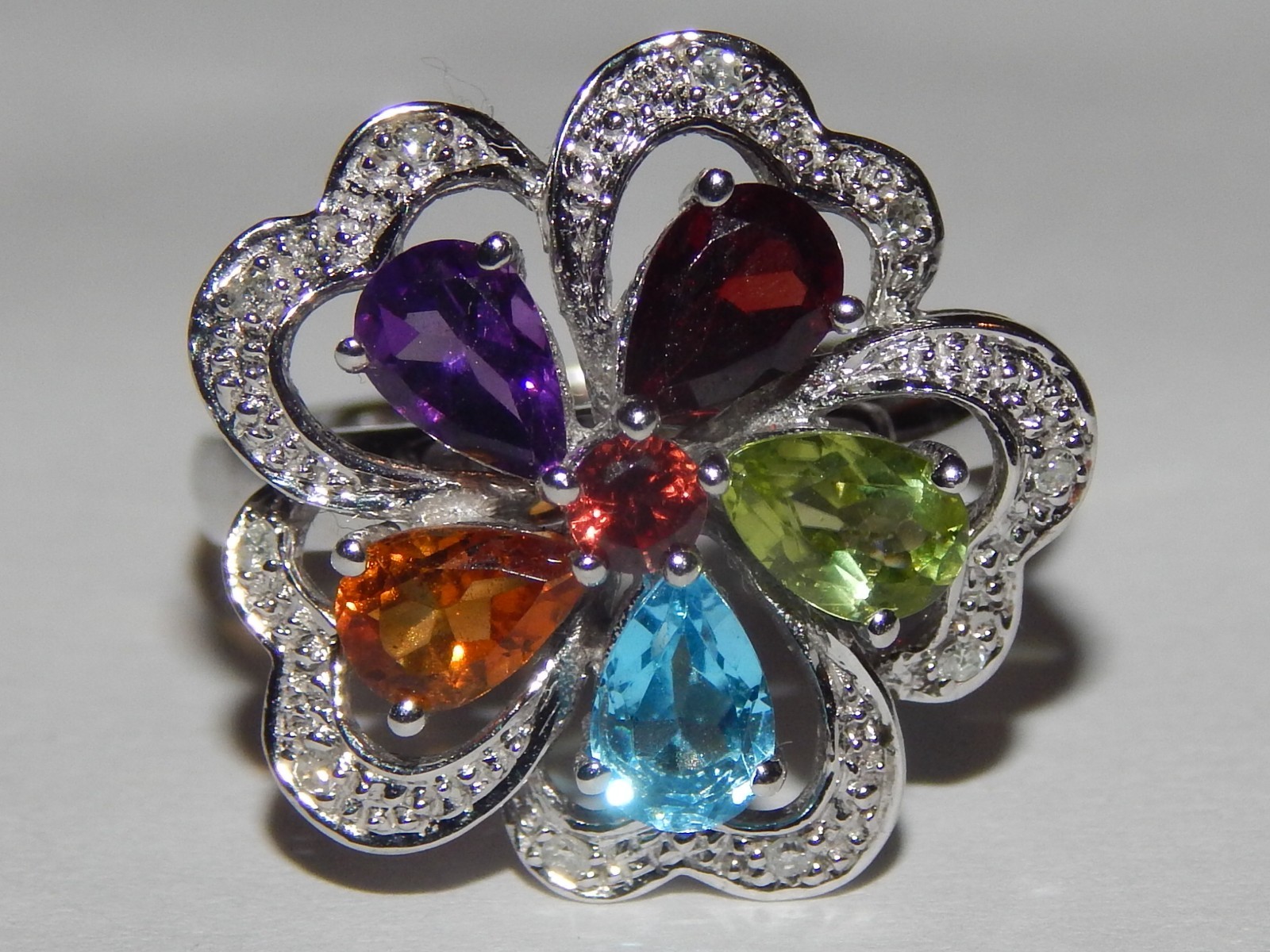 14K WHITE MULTI GEMSTONE & DIAMOND 3/4 INCH WIDE FLOWER CLUSTER RING SIZE 7