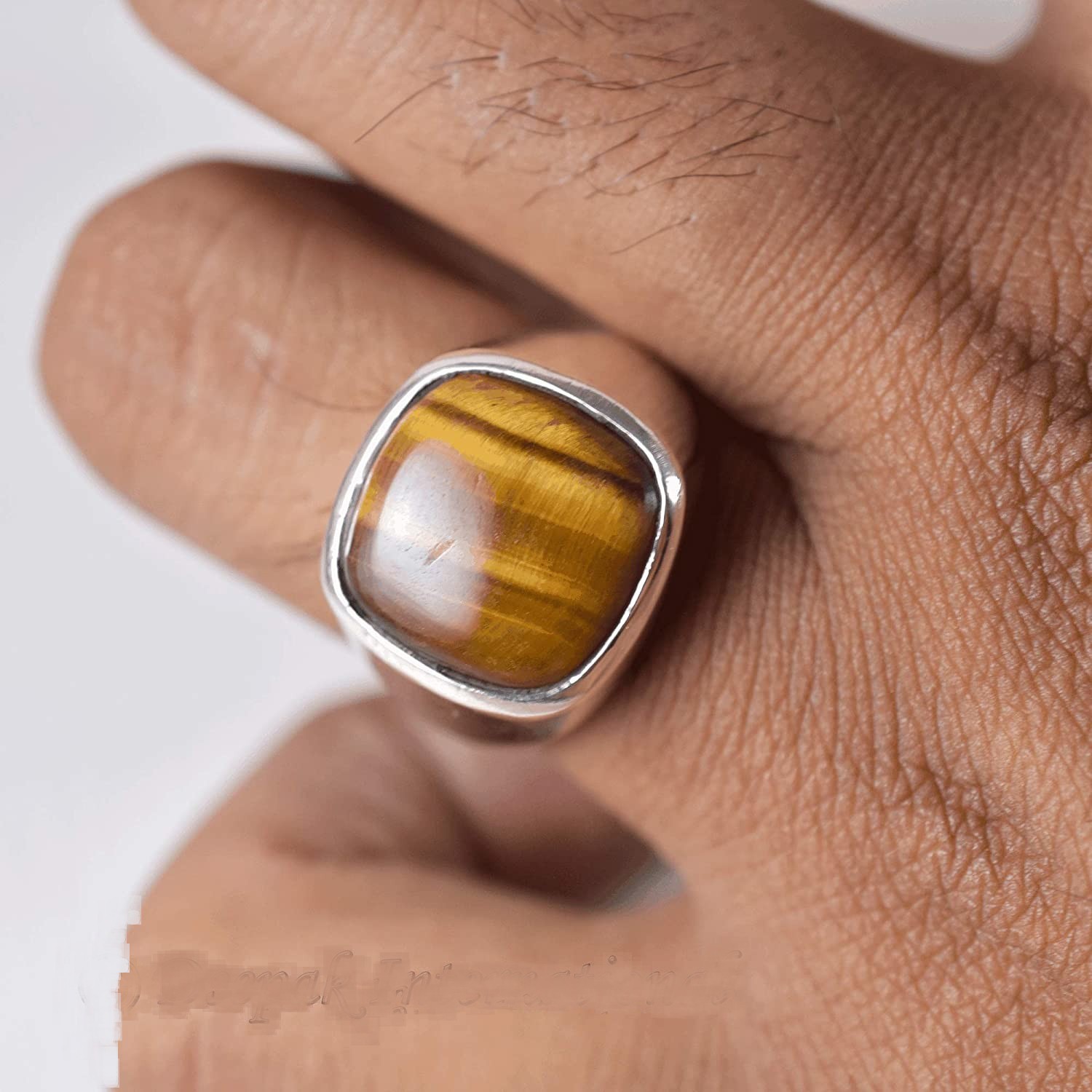 Solid 925 Sterling Silver Natural Brown Tiger’s Eye Cushion Men’s Unisex Ring