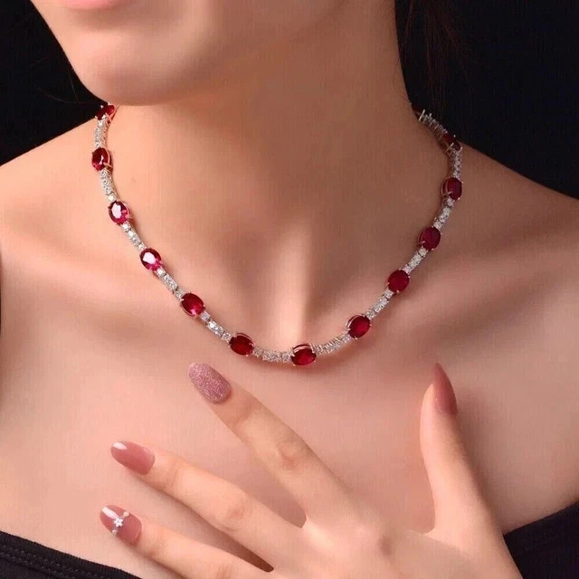 14Ct Oval Cut Lab Created Red Ruby Women’s Tennis Necklace 14K White Gold Plated