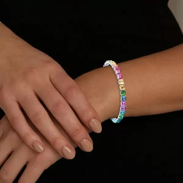 15Ct Asscher Cut Paved Lab Created Rainbow Womens Bracelet 14K White Gold Plated