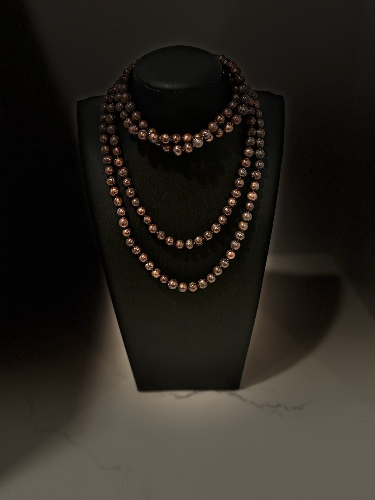 VTG 56” Brown Strand Freshwater Round Pearl Beaded Necklace, Indiv. Knotted