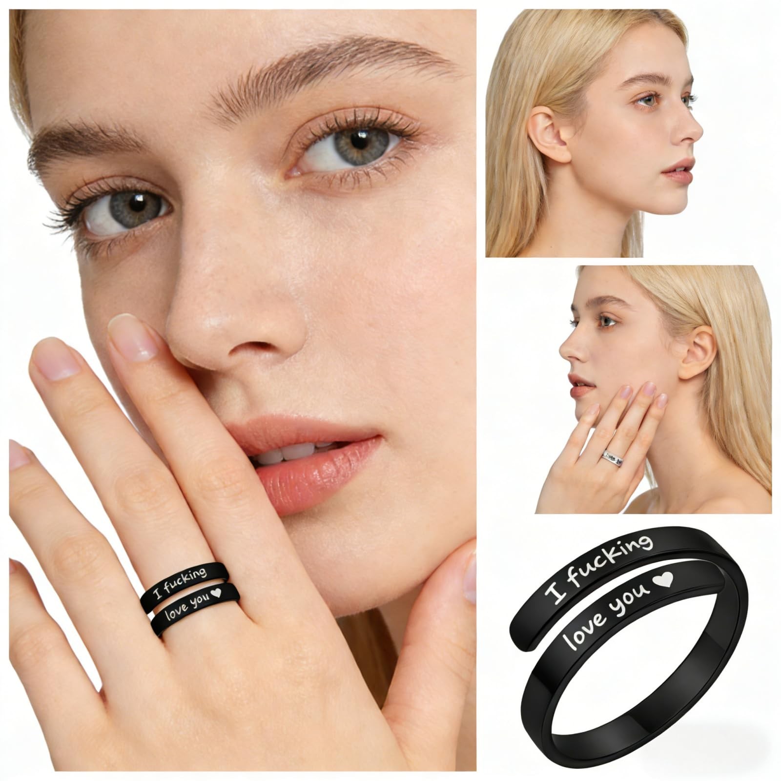 I Fcking Love You Ring, Stainless Steel Engraved Inspirational Words Heart Ope