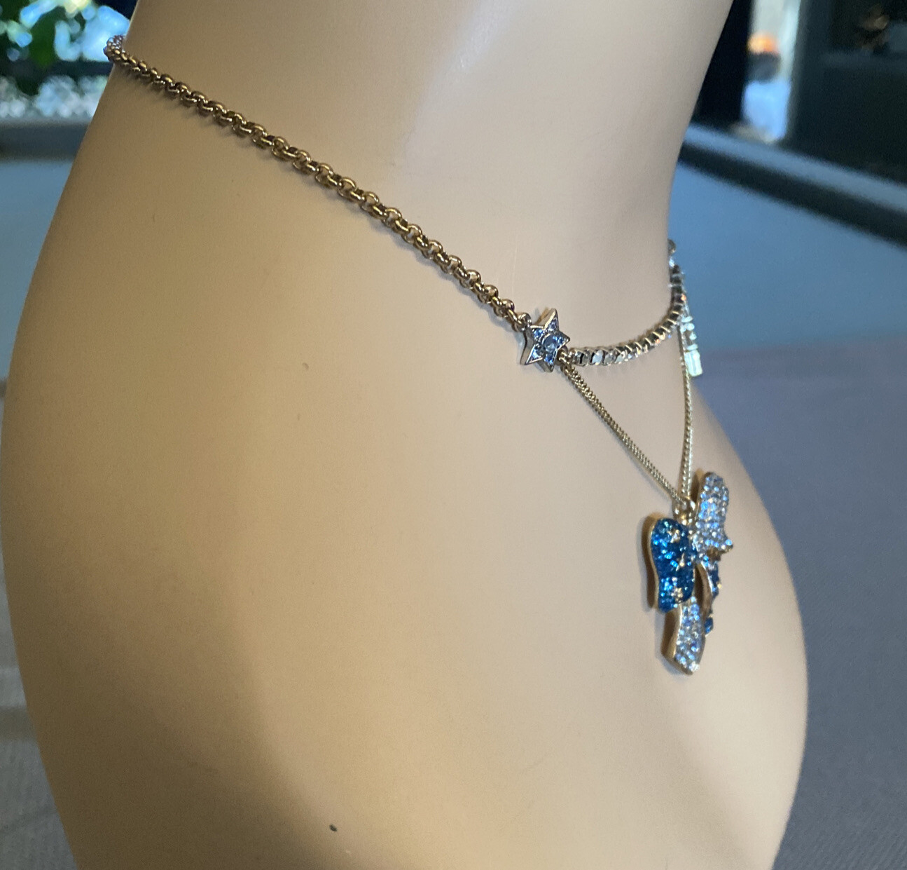 BETSEY JOHNSON Necklace HEAVENS TO BETSEY BLUE PAVE CRYSTAL Lightening Bolt, Bow