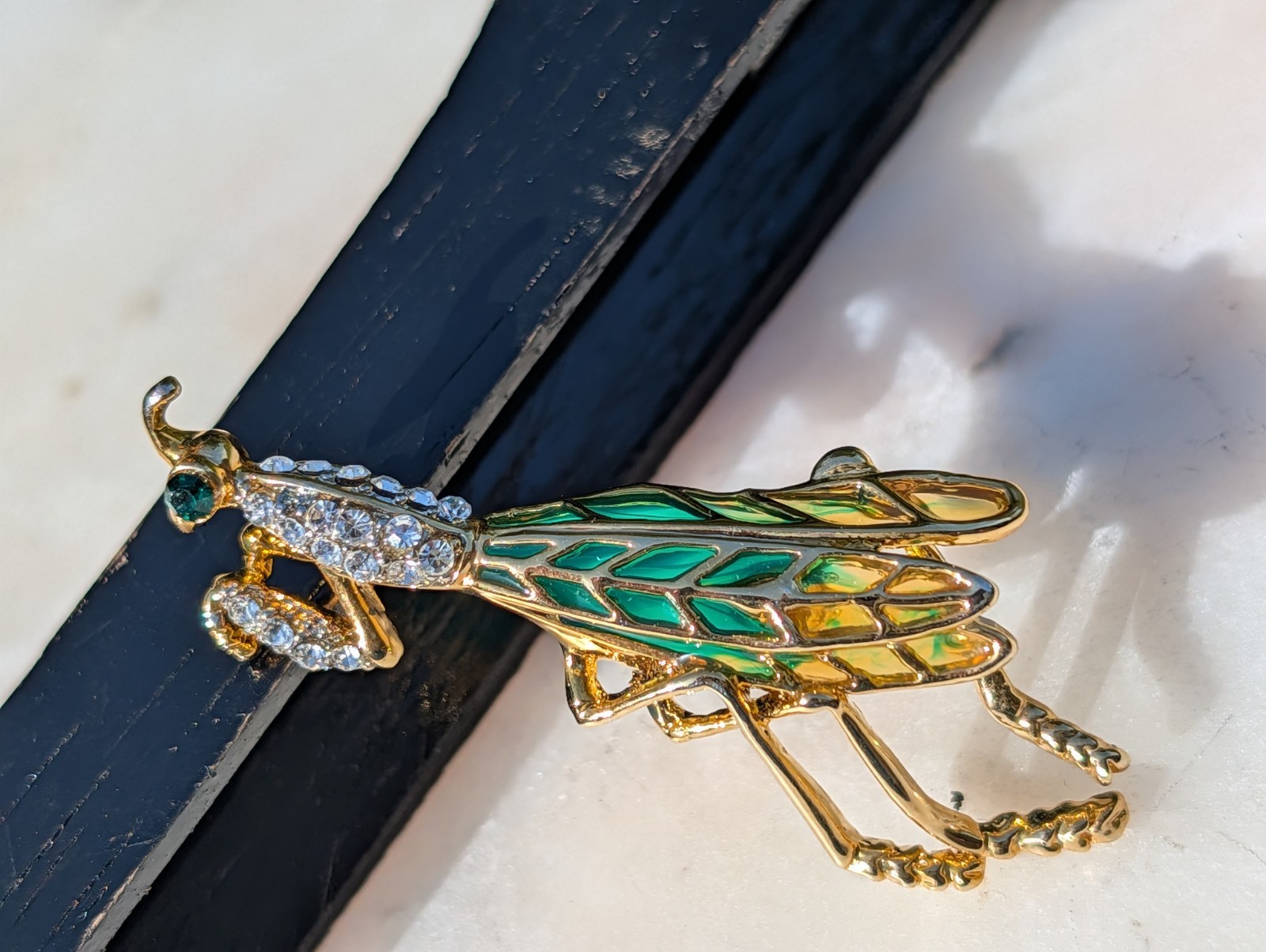 Vintage Style Enamel Praying Mantis Brooch Gold Tone Rhinestone Insect Pin