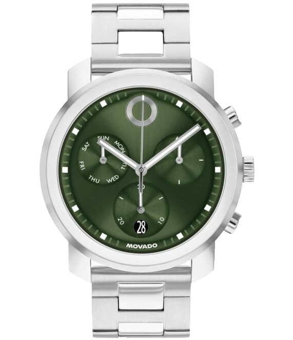 MOVADO BOLD CHRONOGRAPH 3601351 GREEN DIAL SILVER BRACELET 44MM MENS WATCH