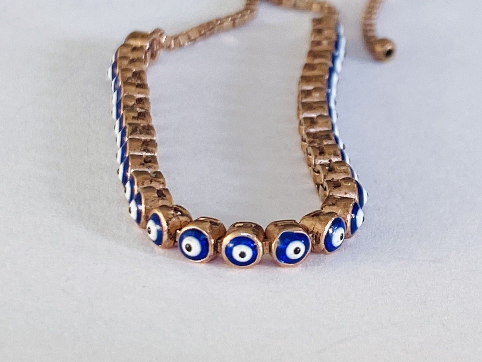 925 Sterling Silver Rose Gold Color Vermeil Evil eye Link Chain Bolo Bracelet