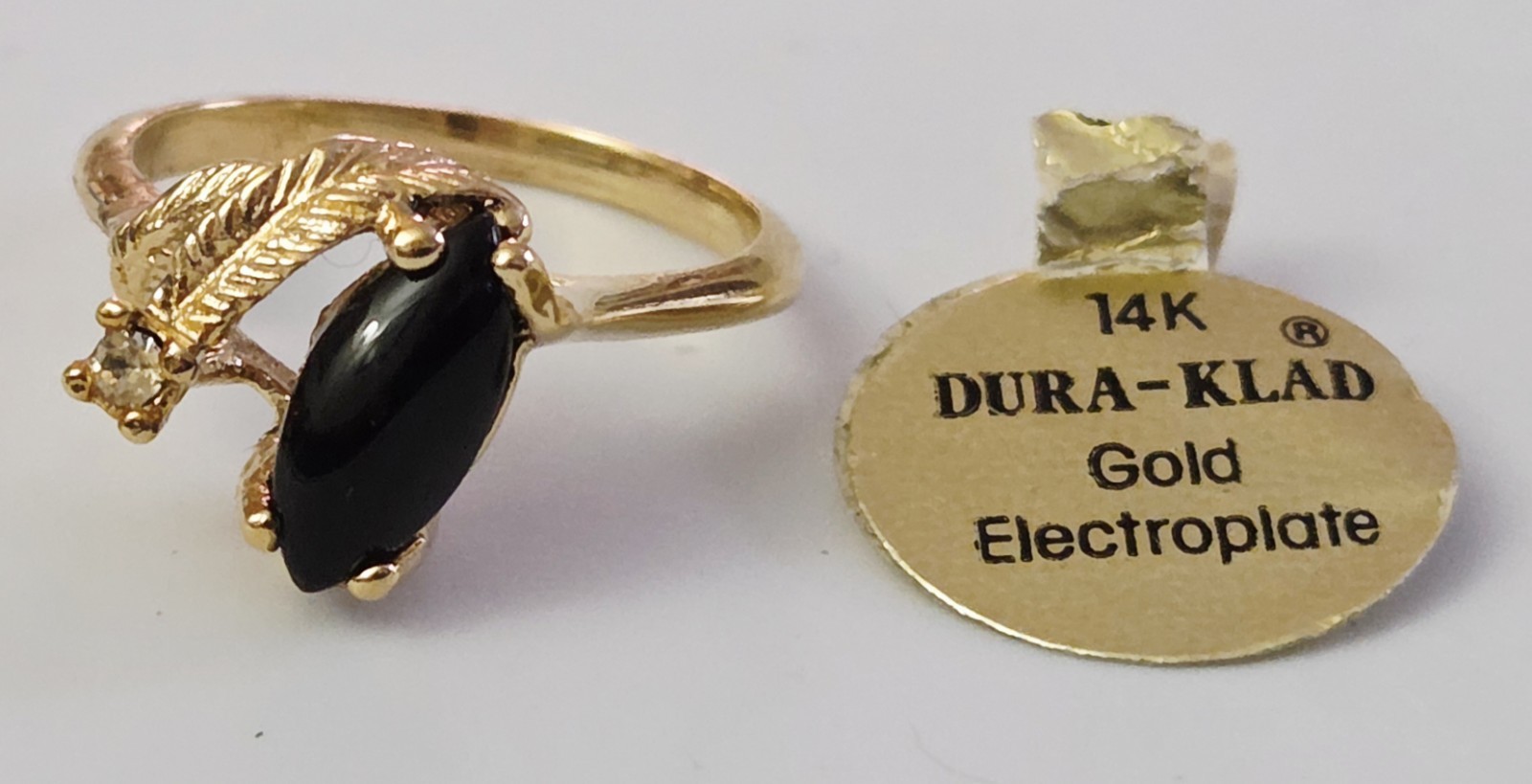 Vintage 14kt Yellow Gold Eletroplate Dura-Klad Onyx & CZ Size 6 Ring, NEW