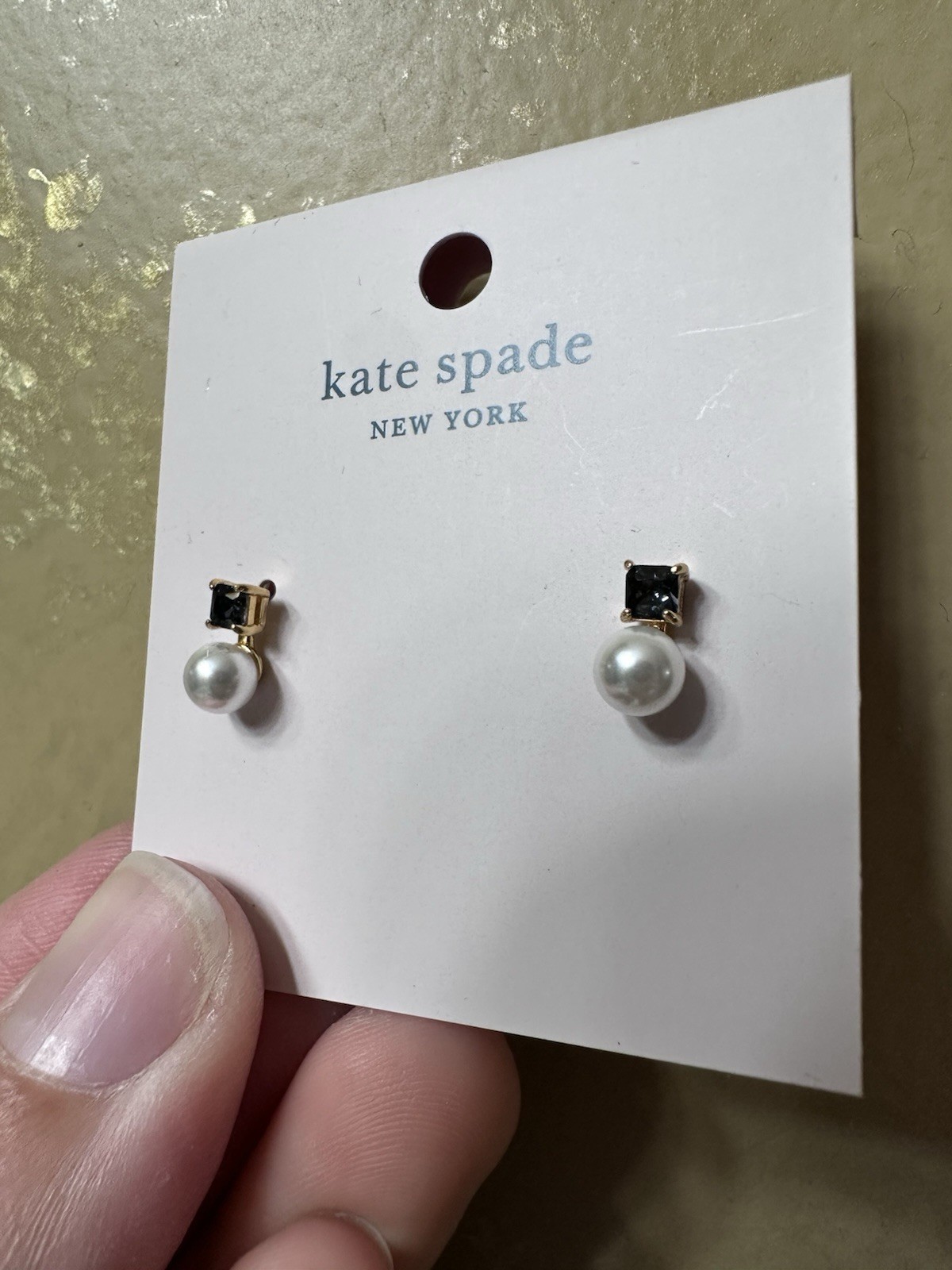 Kate Spade Stud Earrings – Pearl & Black Gem in Gold Setting