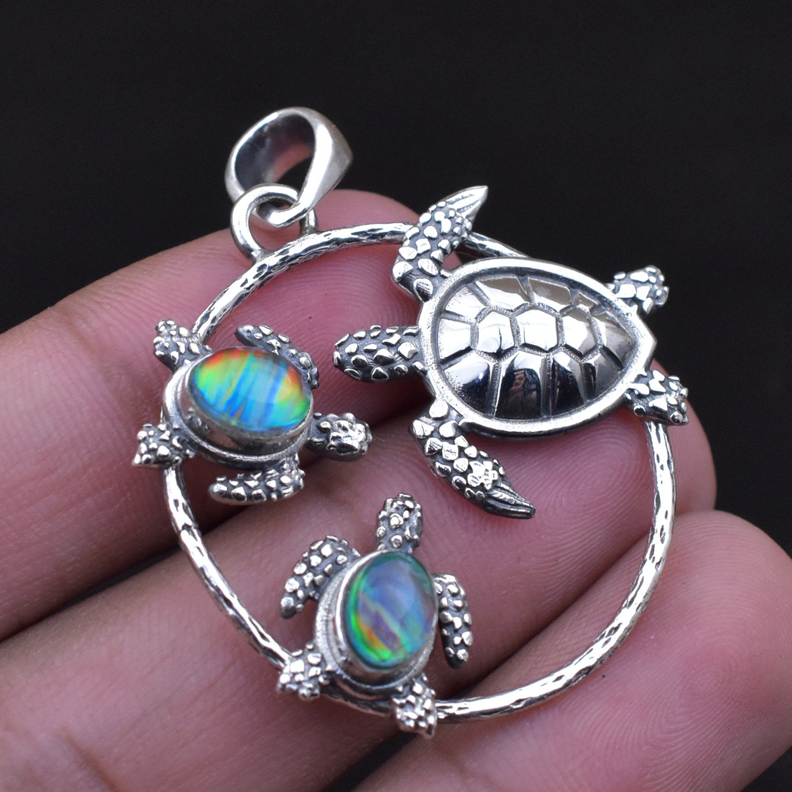 925 Sterling Silver Opal Sea Turtle Pendant, Handmade Jewellery, Gift for Her