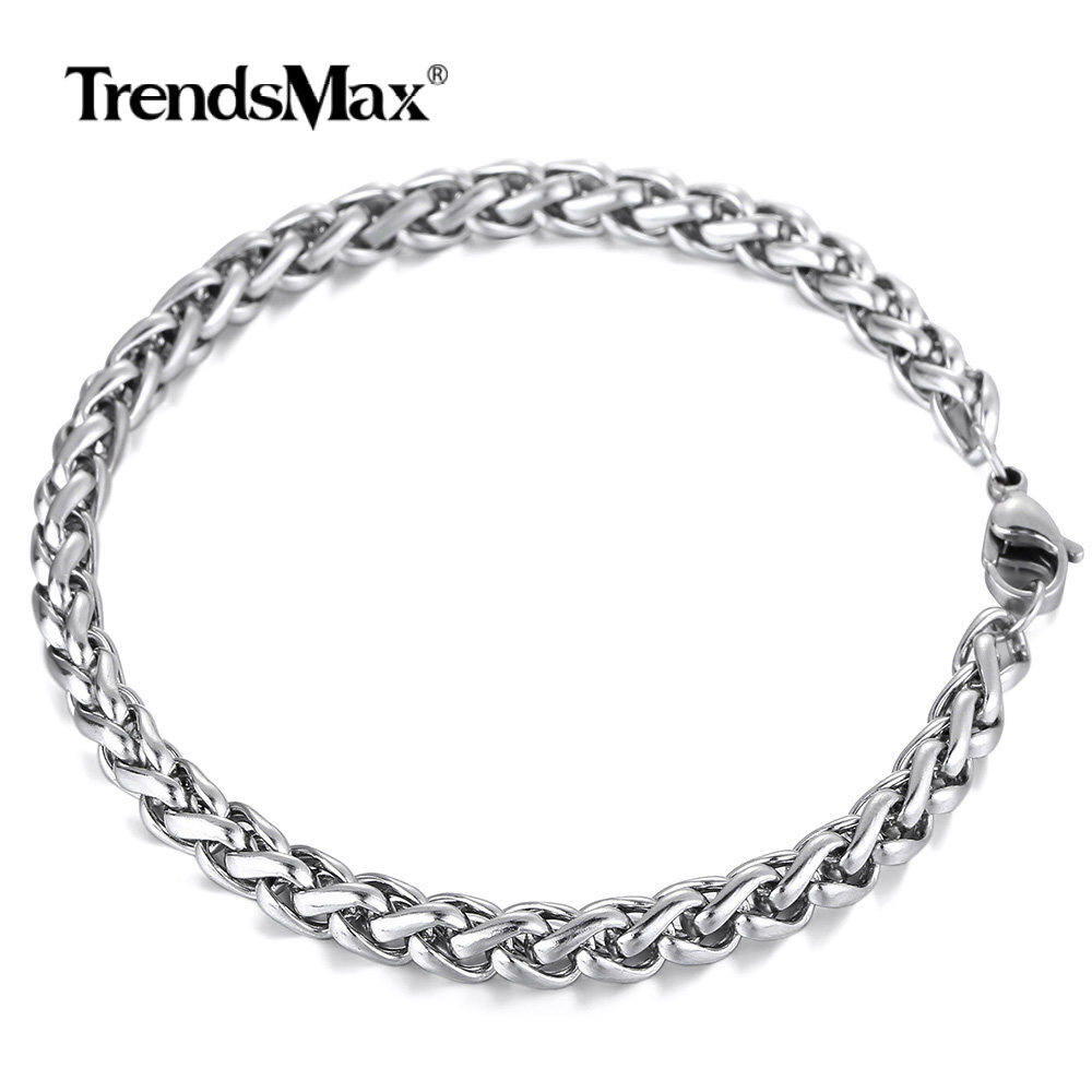4mm 9 inch Mens Chain Stainless Steel Braided Wheat Link Bracelet Silver Tone