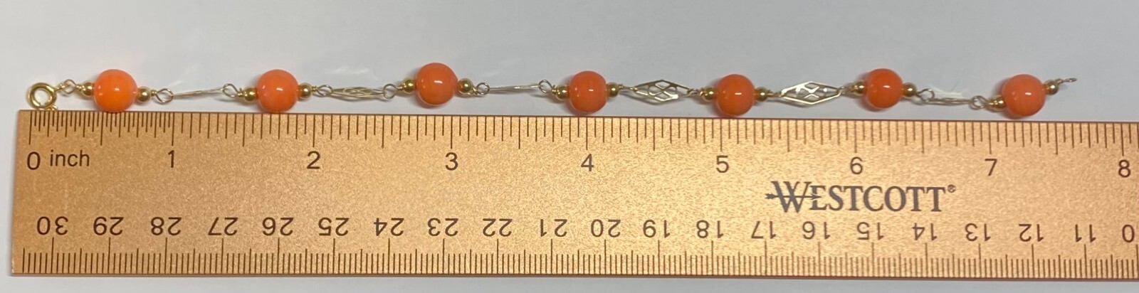 14 Karat Yellow Gold Filled Simulated 8mm Pink Coral 7.5″ Plaque Bracelet