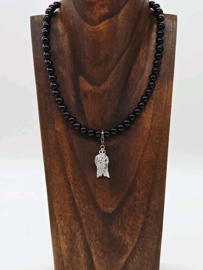 Kirks Folly Necklace Expect Miracles Angel Wing Black Beaded Silver tone 8 mm