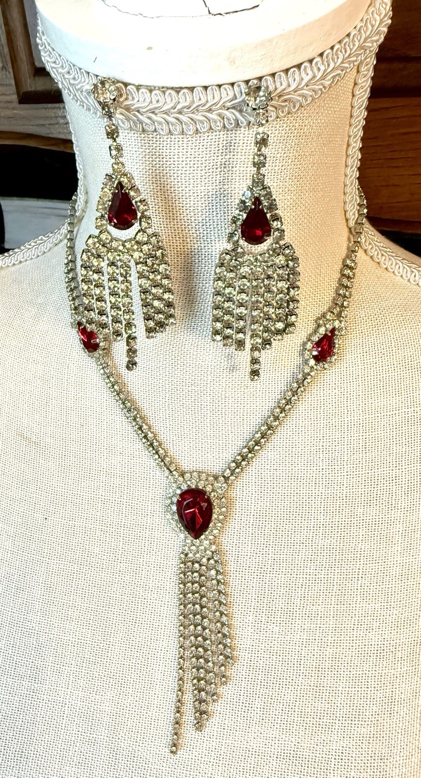 Vintage Red Rhinestone Fringe Necklace Earrings Set Silver Tone Statement Glam