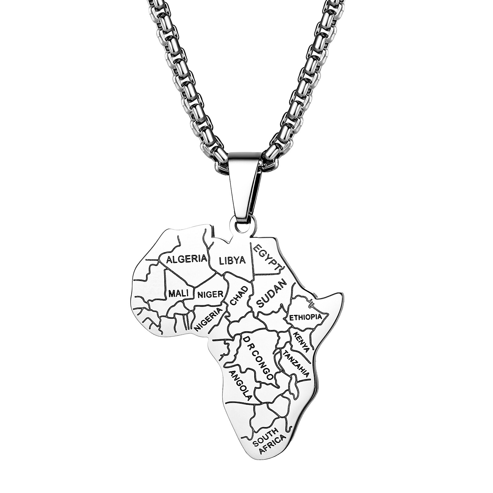 Africa Continent Map Pendant Necklace for Men Women Stainless Steel Box Chain