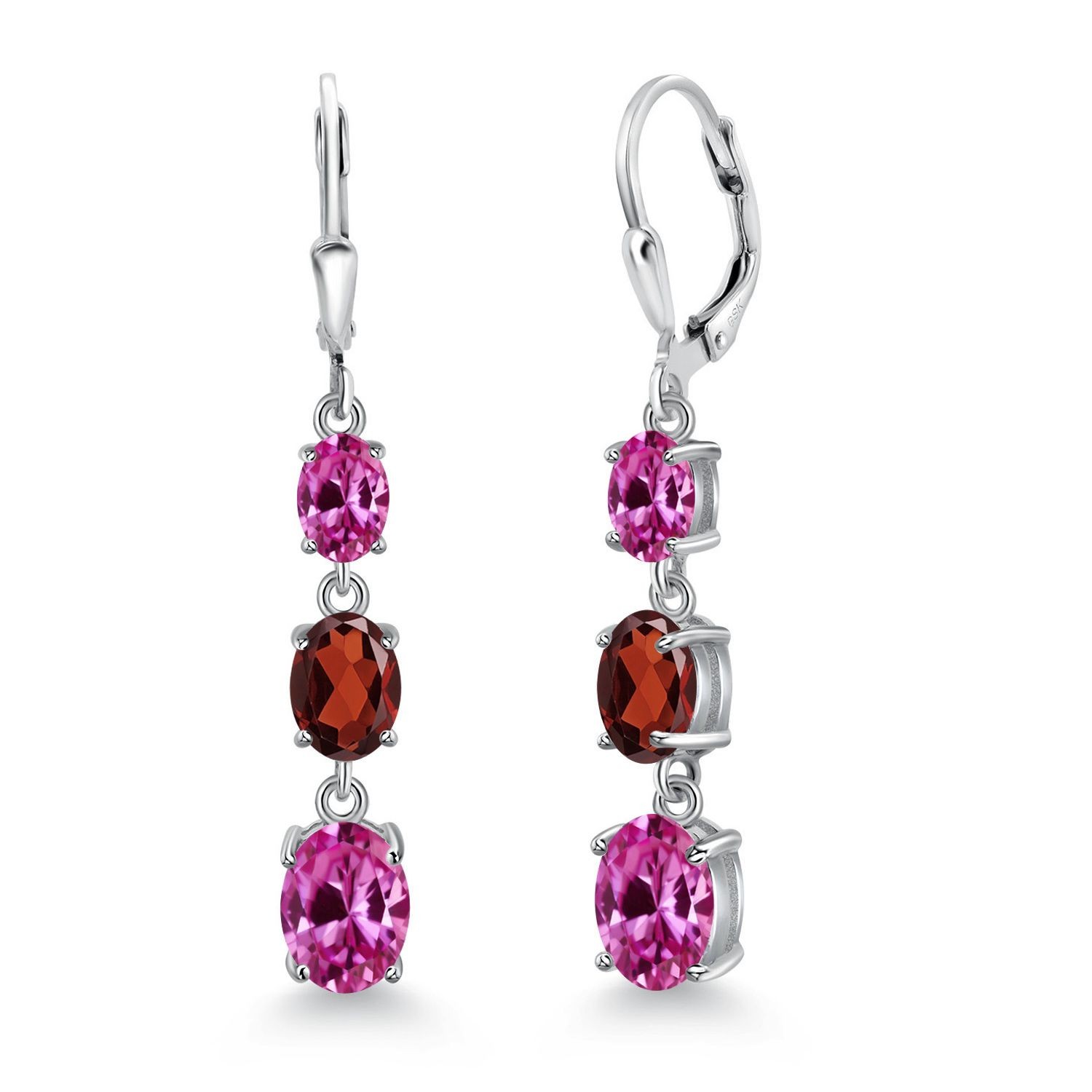925 Sterling Silver Pink Created Sapphire 3 Stone Dangle Earrings For Women