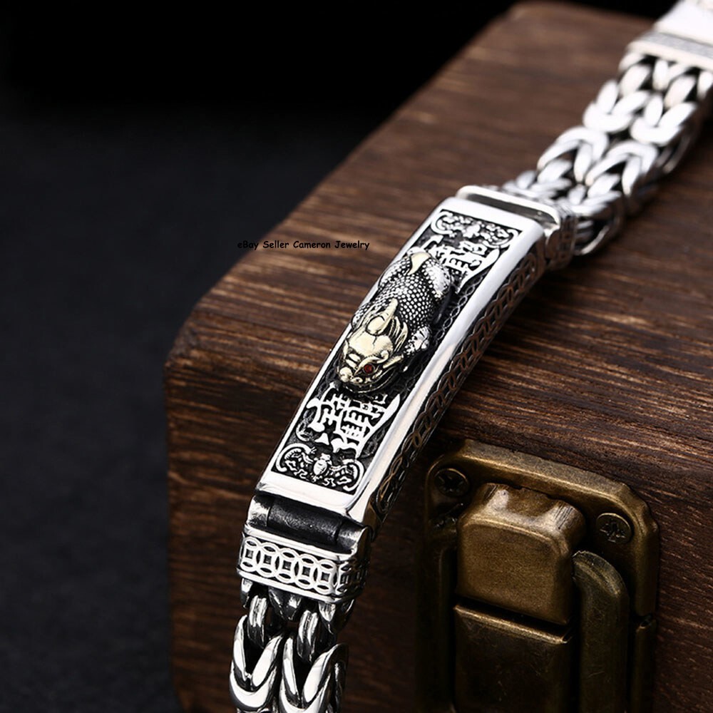 Fine Pure S925 Sterling Silver Chain Pixiu Byzantine Link Bracelet 7.1-7.9inch