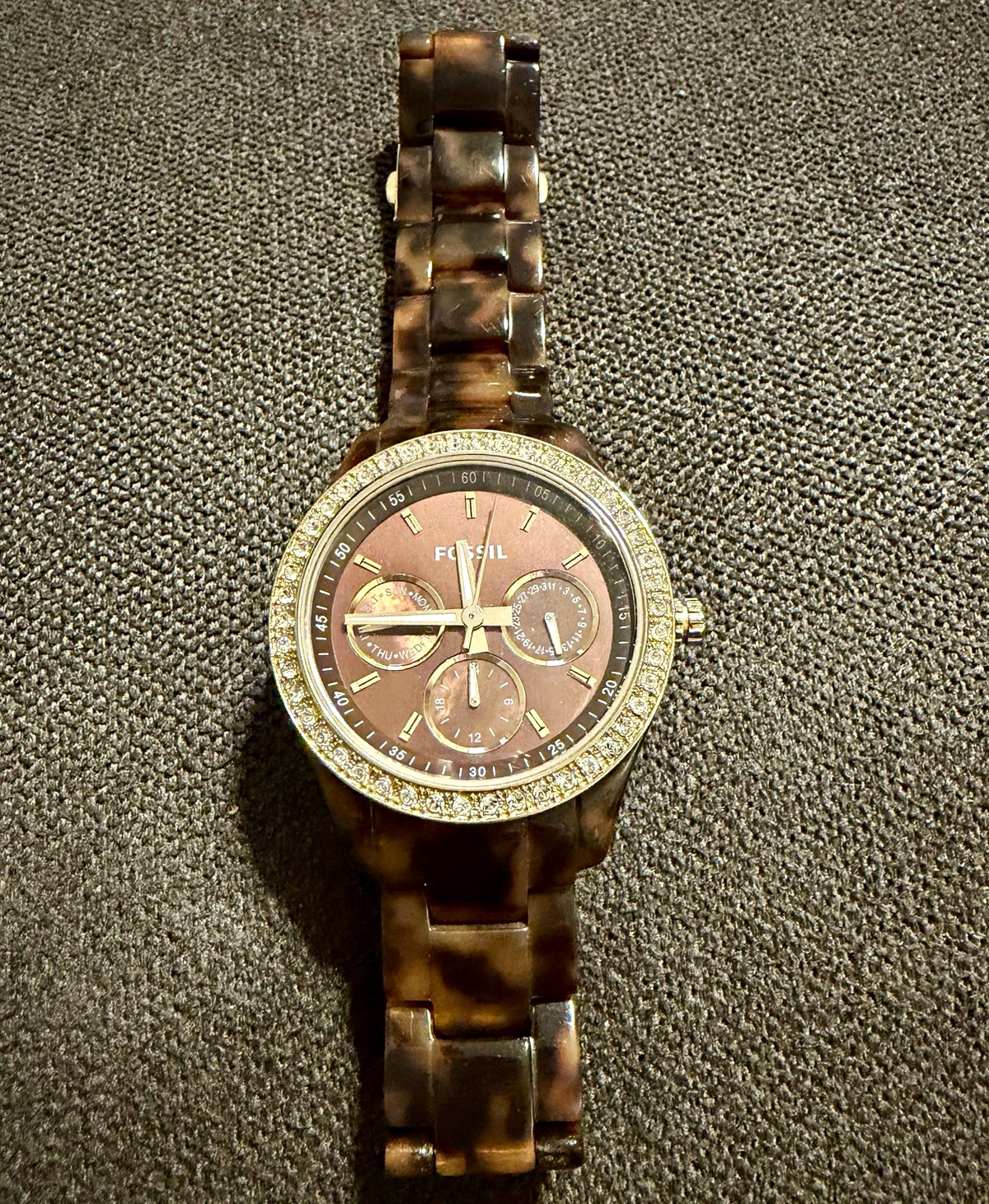 Fossil ES2795 Multifunction Quartz Analog 38mm Brown Dial Gem-Set Bezel