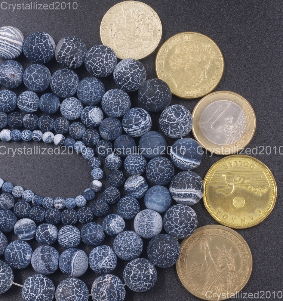 Matte Frosted Black Fire Crackle Agate Gemstones Round Beads 6mm 8mm 10mm 15″