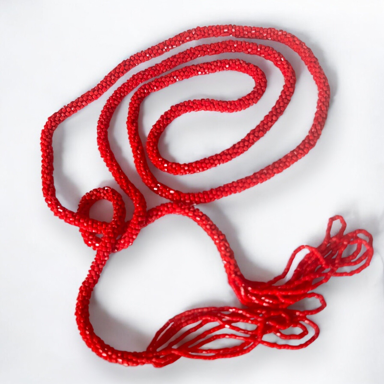 Art Deco Czech Glass Necklace Red Flapper Antique Beaded Sautoir Tassel 60 Inch