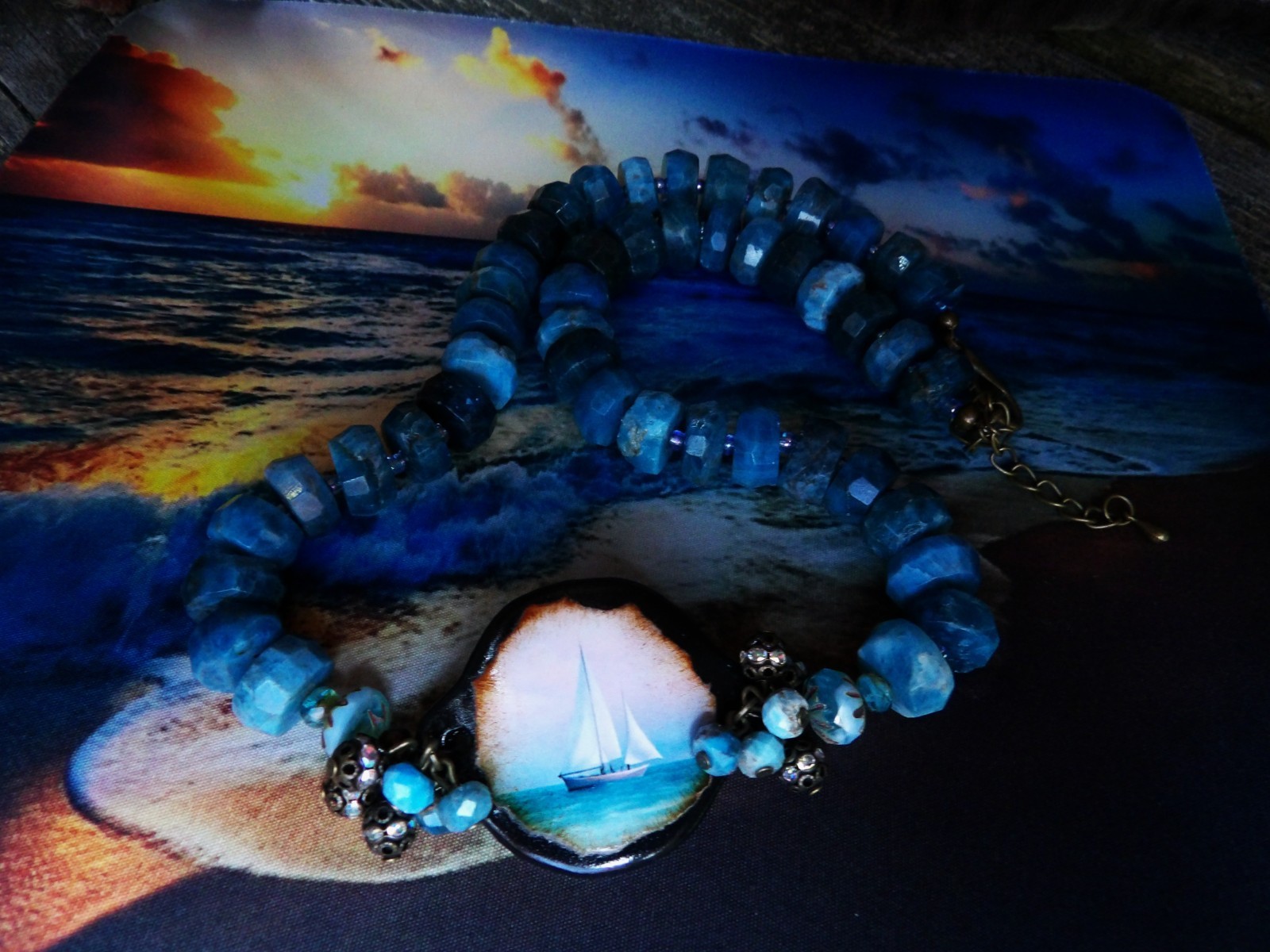 Necklace, Ocean, Apatite Beads, Sailboat, Beach, One of a Kind