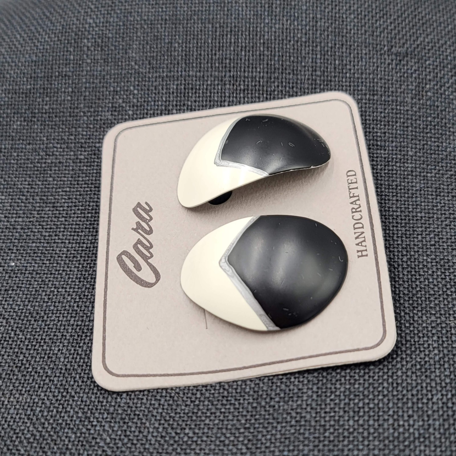 Vintage Black Gray White Enamel Cara Pierced Earrings New Old Stock NOS Prop 1.5