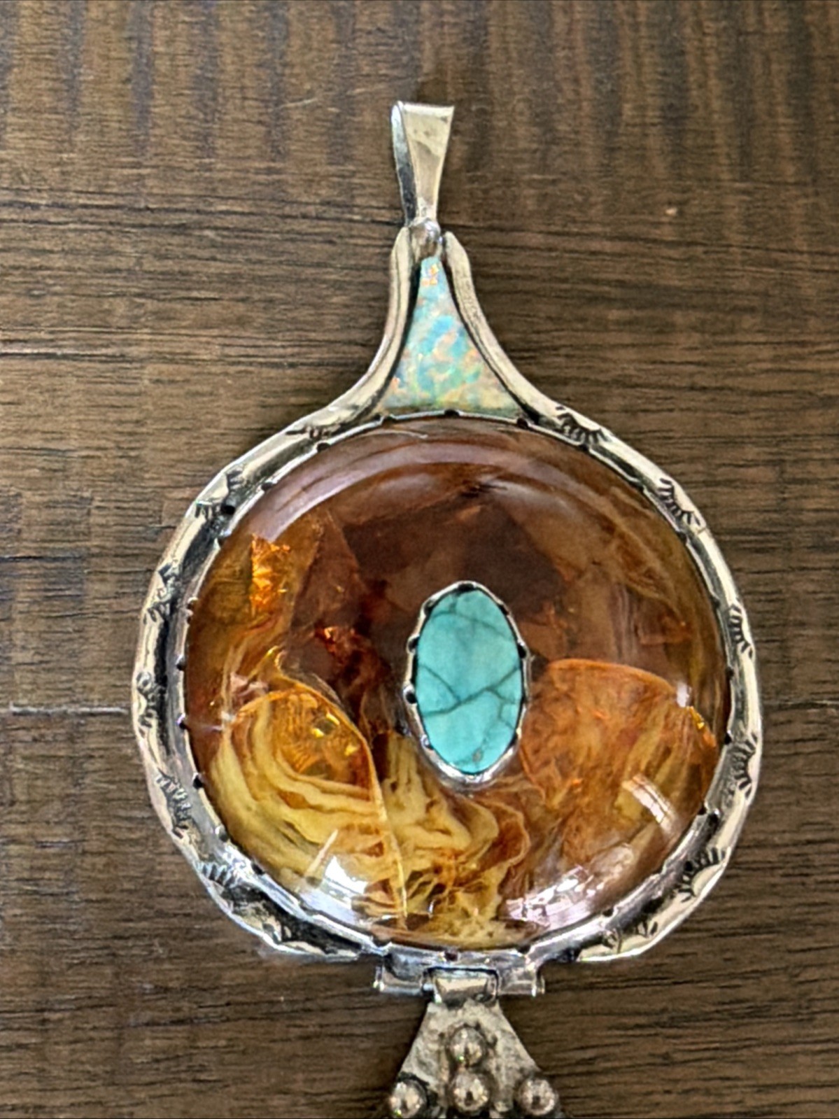 Vintage Native American Sterling Amber & Turquoise Pendant Beautiful Unique RARE