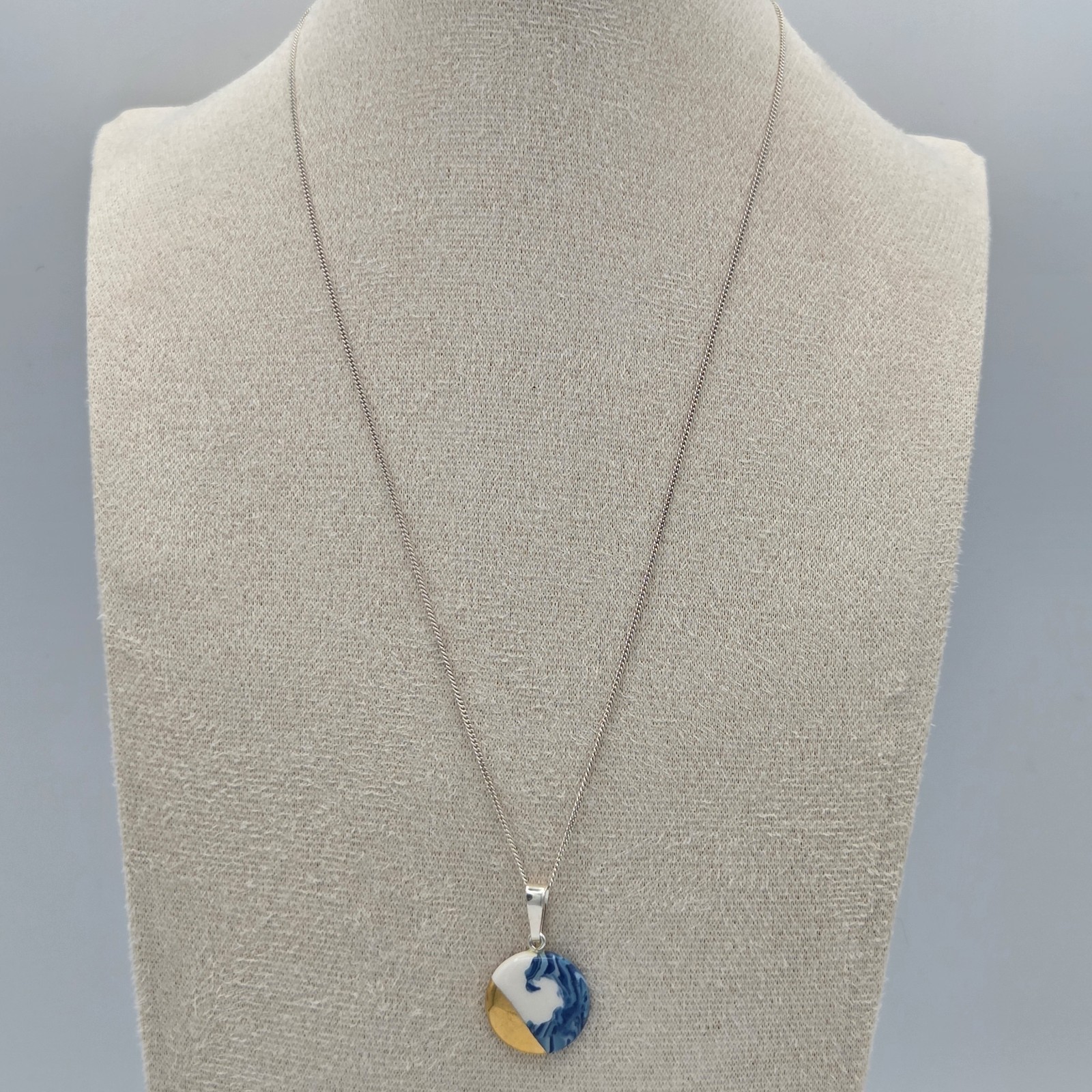 Artisan Porcelain Pendant Blue & White Gold Dip 925 Sterling Bail & 18″ Necklace