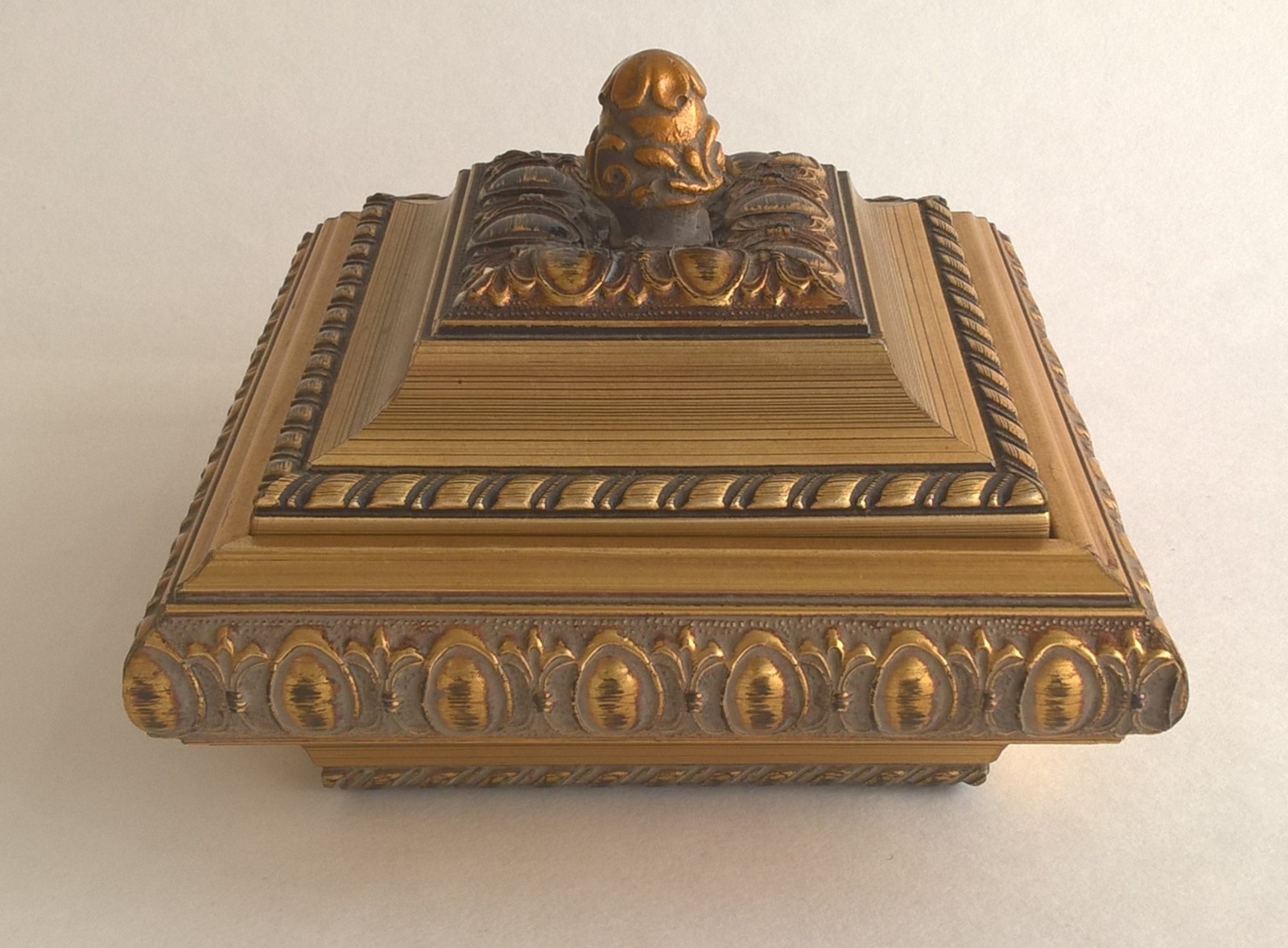 Bombay Company Gold Tone Jewelry Ring Trinket Box W/ Lid Wood Resin Black Fabric