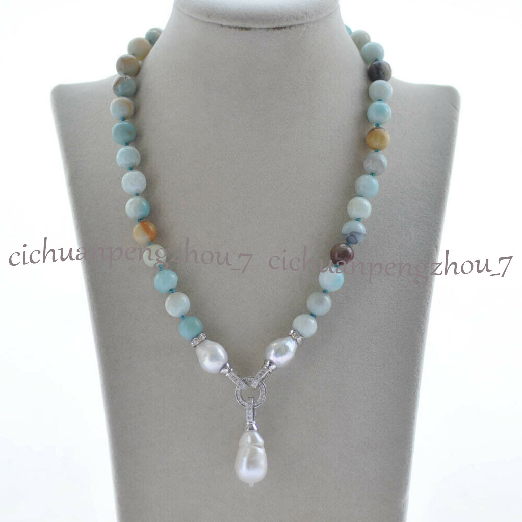 Natural Multicolor Amazonite Beaded White Keshi Baroque Pearl Pendant Necklace