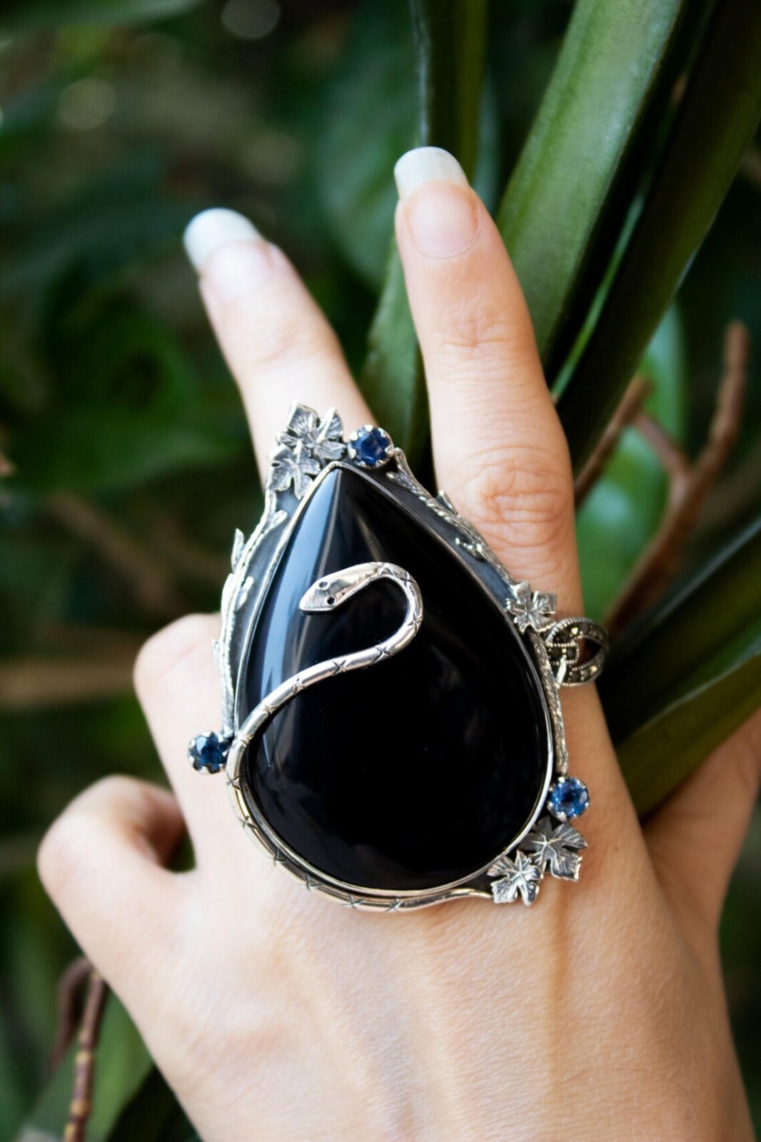 Black Onyx 925 Sterling Silver Ring-Skull &Snake,Witchy OOAK Boho Statement Ring