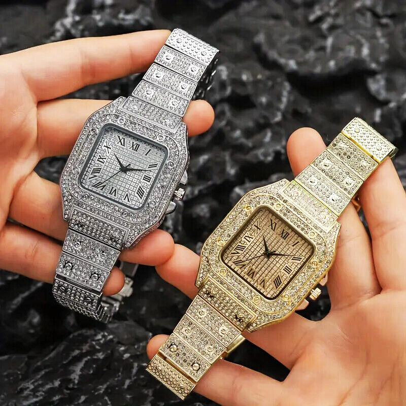 MEN’S ICED LUXURY GOLD PLATED SIMULATED DIAMOND METAL BAND WRIST SQUARE WATCH