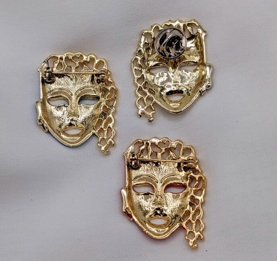 Vintage Pretty Lady Face Mask Brooch Pin Lot of 3 Red Blue Enamel Gold Tone