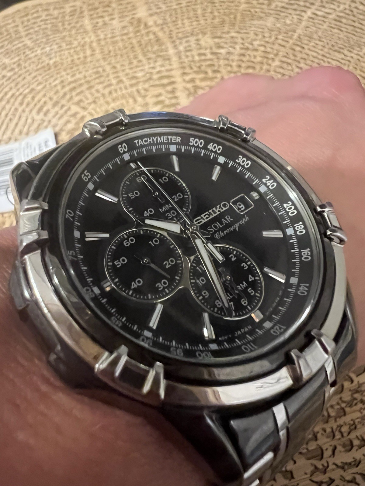 Seiko Solar Chronograph Watch Black Dial Date Alarm SSC143 New In Box