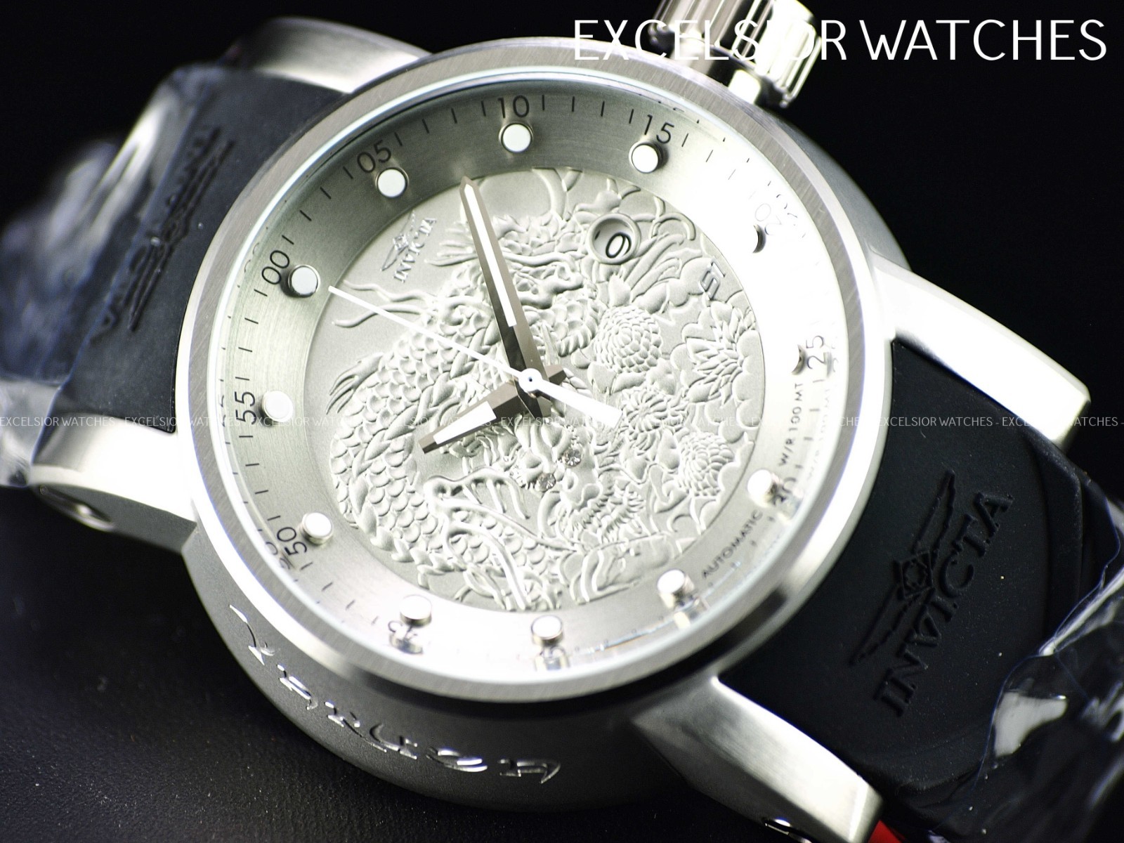 Invicta 48mm S1 YAKUZA DRAGON NH35A Automatic Silver Dial Black Silicone Watch