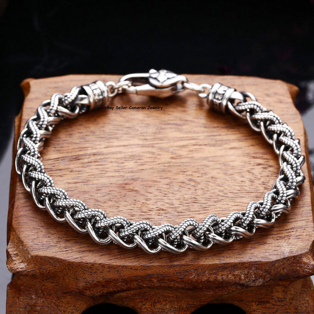 RealS925 Sterling Silver Chain Men Women 7mm Wheat Link Bracelet 29-30g 7.9inch