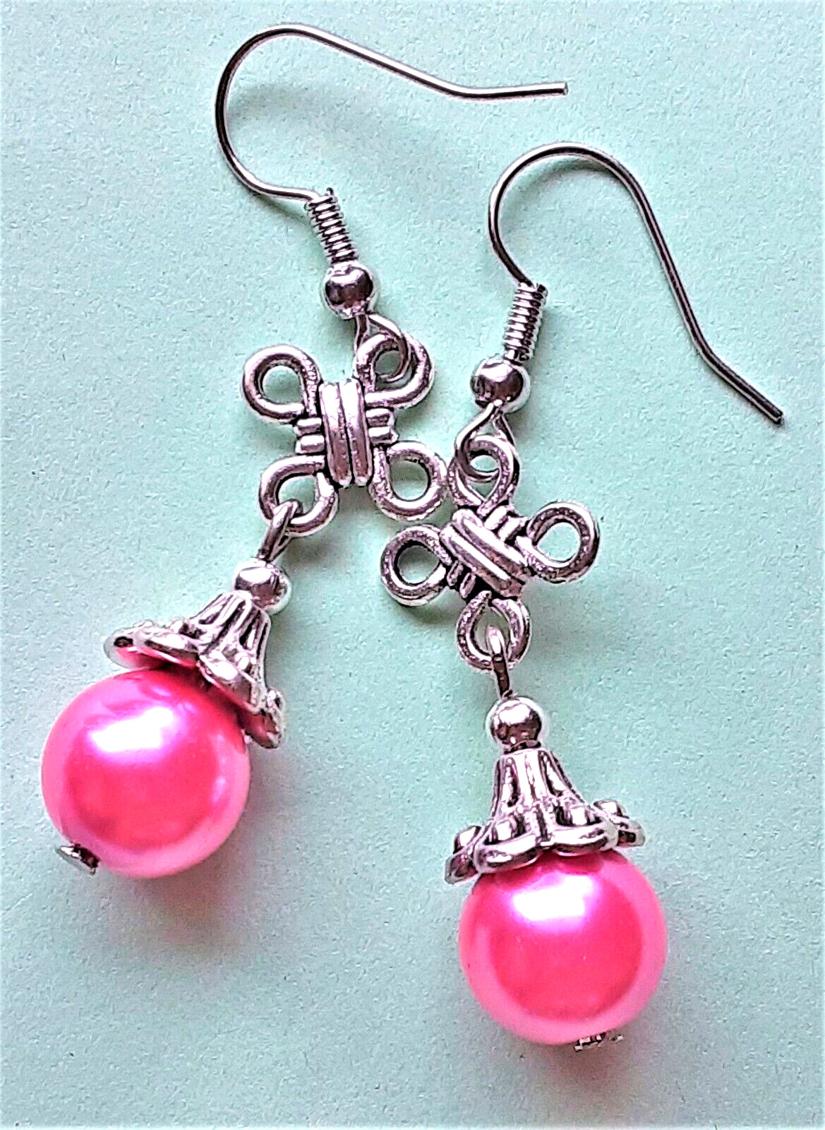 PINK CELTIC KNOT GLASS PEARL drop earring SP FISH hook WPGH15