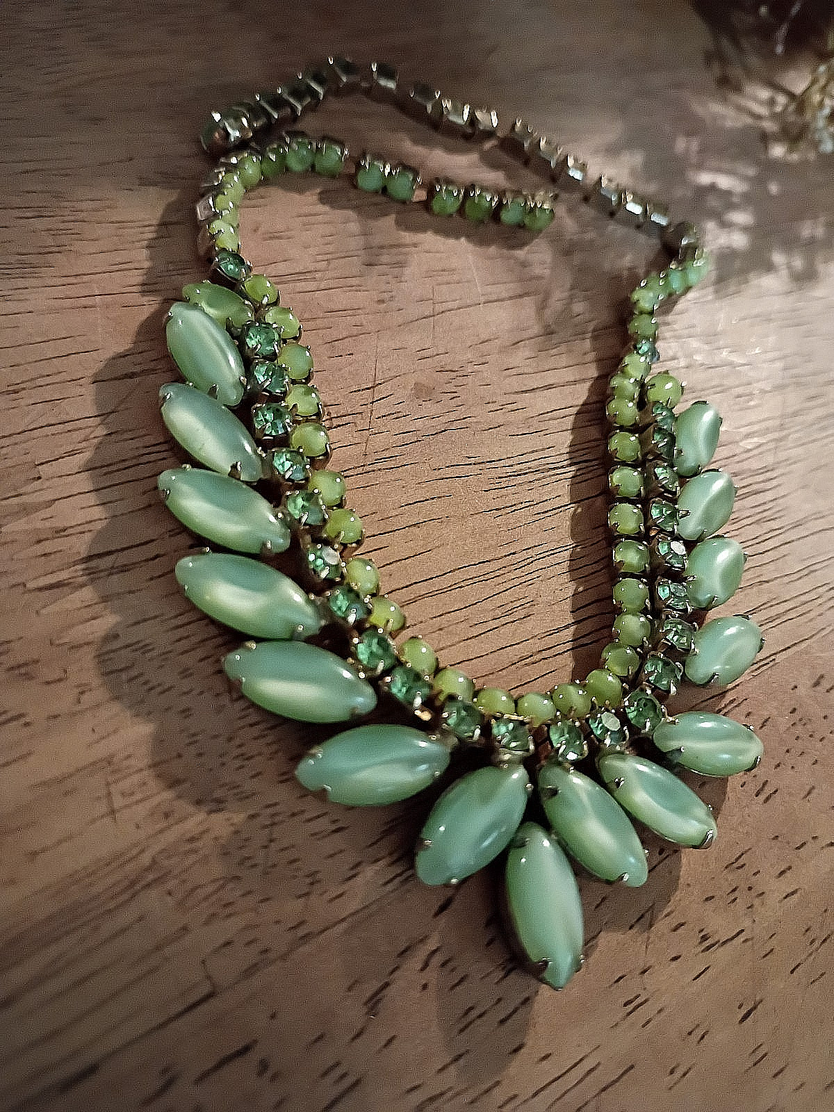 Signed Vintage Joseph Warner Mid-Century Green Moonglow Lucite Necklace (AS-IS)