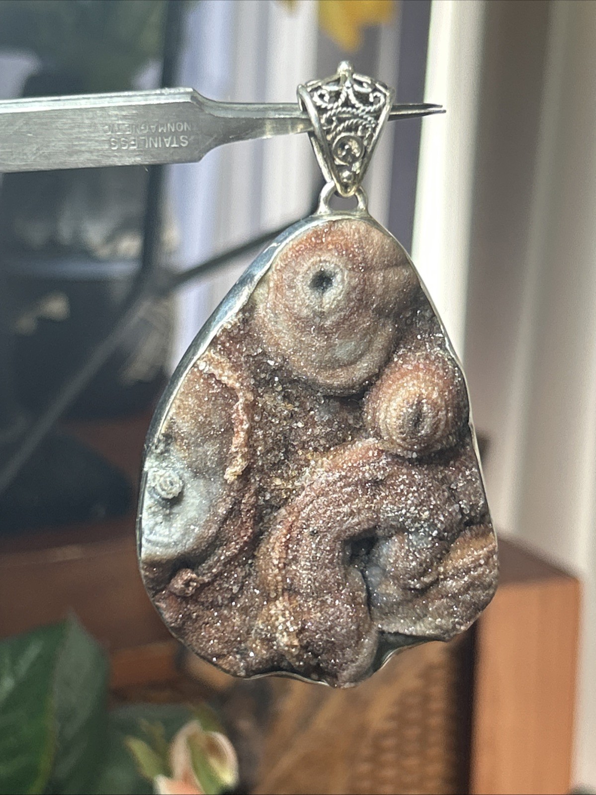 57. Vintage 925 Sterling Desert Chalcedony Druzy Crystal Pendant 85mm, 58.4g